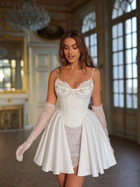 Rosie Etienne Sophia Dress Size 2 White Corset Pearl Lace Mini Bridal